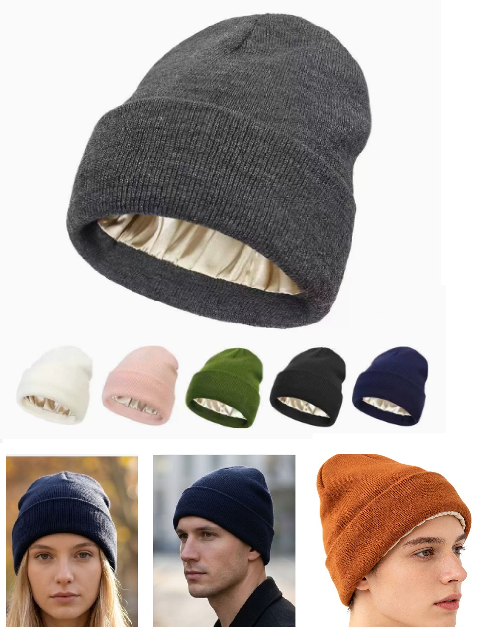 Unisex Satin Lined Knit Beanie - Beanie Cuffed Knit review and price